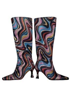 GIANNI BINI BLACK Gray Blue Red metallic Fabric disco boots heels Cat Walk 2